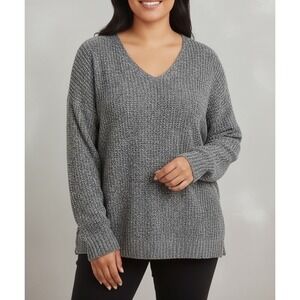 ORVIS Womens Gray Chenille V Neck Sweater Pullover L G Cozy Textured